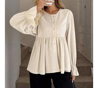 Shein Vestido camisero de mujer de lino informal y holgado con botones, mangas abullonadas, bajo con volantes y estilo retro