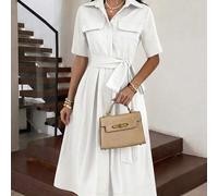 Shein Vestido camisero de mujer de longitud media, de cuello vuelto, manga corta, cinturón en la cintura, abertura en el bajo, color blanco, adecuado para l