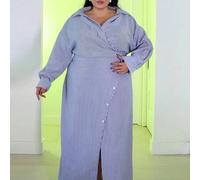 Shein Vestido camisero de mujer de talla grande con estampado de rayas y botones al frente, LABOR DAY, bajo asimétrico, mangas dolman, falda larga de corte