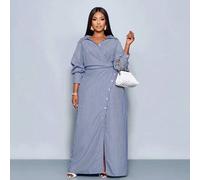 Shein Vestido camisero de mujer talla grande con estampado de rayas, bajo asimétrico, mangas dolman, falda larga en línea A con abertura, camisa cruzada, ro