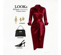 Shein Vestido camisero de satén burdeos de lujo para mujer - Manga larga, cuello de solapa, abotonado delantero, drapeado, bajo con abertura - Elegancia de