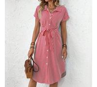 Shein Vestido camisero de verano con estampado de rayas, cinturón y bajo curvo, para uso casual, diario, de viaje y vacaciones