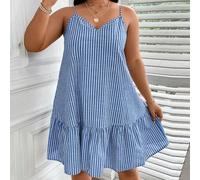 Shein Vestido camisero de verano con estampado de rayas y volante en el bajo