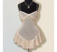 Shein Vestido camisero de verano para mujer con diseño calado de concha, adorno de volantes y bajo