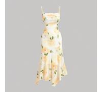 Shein Vestido Camisero Elástico de Mujer con Estampado Floral Romántico, Bajo Asimétrico y Escote Fruncido