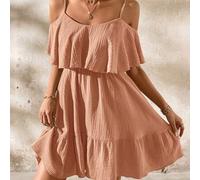 Shein Vestido camisero elegante y romántico de mujer con textura de gasa en color verde sólido, volantes y bajo con volantes, para primavera/verano y vacaci