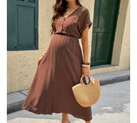 Shein Vestido camisero holgado marrón de verano casual romántico para mujer embarazada, color liso, manga corta, cintura imperio, ropa de casa para lactanci