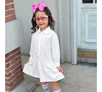 Shein Vestido camisero holgado y cómodo para niña con cuello vuelto, manga larga y bajo con volantes, adecuado para la escuela, vuelta al colegio, deportes