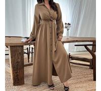 Shein Vestido camisero largo con cuello de camisa y bajo con efecto retorcido, talla estándar para mujer, para otoño/invierno