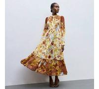 Shein Vestido camisero largo con puños abullonados, estampado floral, volantes en el bajo y cintura con lazo para mujer