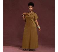 Shein Vestido camisero largo de mujer de talla grande, con cuello de camisa, manga de hombro caído, bolsillo, abertura en el bajo, textura tejida, color ver