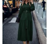 Shein Vestido camisero maxi con cinturón, botones delanteros y volantes en el bajo para mujer