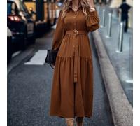 Shein Vestido camisero maxi con mangas farol, volantes en el bajo y cinturón para mujer, ropa de otoño para mujer