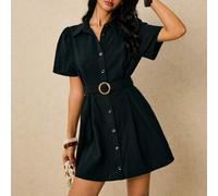 Shein Vestido camisero mini de mujer negro de verano, elegante y casual, de color liso, con mangas abullonadas y cinturón con hebilla, estilo vintage formal