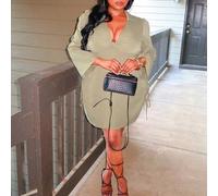 Shein Vestido camisero mini elegante y casual para mujer de talla grande, de manga larga, entallado, color rojo óxido, con arrugado, detalle de lazo en la c