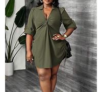 Shein Vestido camisero mini elegante y casual para mujer de talla grande, de manga larga, entallado, color rojo óxido, con arrugado, detalle de lazo en la c