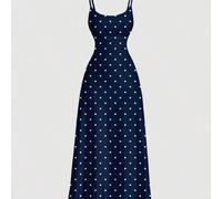 Shein Vestido camisero minimalista y casual de escote en V con lunares y volantes en el bajo, apropiado para el verano