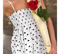 Shein Vestido camisero plisado con estampado bohemio de lunares en todo el diseño, cintura elástica y volantes en el bajo. Se puede usar de múltiples formas