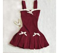 Shein Vestido camisero veraniego de mujer con decoración de lazo, diseño de parches y bajo plisado