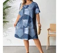 Shein Vestido camiseta casual holgado de talla grande para mujer con efecto de parches de estilo vintage en denim, diseño de print, Curve Plus, Hoho Vacatio