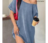 Shein Vestido camiseta holgada con cuello asimétrico, estilo vintage desgastado, de punto azul lavado, para festival de música country