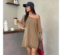 Shein Vestido camiseta holgado con cuello asimétrico en estilo vintage desgastado, estilo de festival de música country, para verano