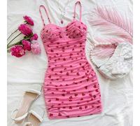 Shein Vestido camisola mini con estampado de corazones de malla, que se puede usar como ropa interior o exterior para vacaciones