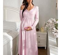 Shein Vestido/camisón casual de maternidad de manga larga con cuello en V con botones y estampado de rayas