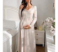 Shein Vestido/camisón casual de maternidad de manga larga con cuello en V con botones y estampado de rayas, para invierno