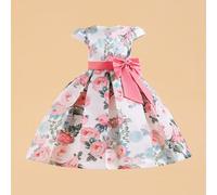 Shein Vestido casual con cuello redondo, estampado floral y decoración de lazo para niñas jóvenes, diadema no incluida