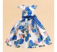 Shein Vestido casual con cuello redondo, estampado floral y decoración de lazo para niñas jóvenes, diadema no incluida