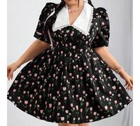 Shein Vestido casual con estampado floral menudo, cuello en V y mangas abullonadas para mujer talla grande, apropiado para tiempo libre y vacaciones