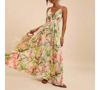 Shein Vestido casual con estampado floral y espalda al descubierto para vacaciones, Vestido largo con volantes y estampado tropical, tirantes de espagueti,