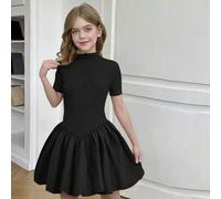Shein Vestido casual con falda abombada y shorts adjuntos, de manga corta y cuello alto, ajustado para niña preadolescente