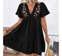 Shein Vestido casual corto de mujer con cuello en V, mangas cortas, plisado simple y bordado de muñeca