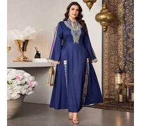 Shein Vestido casual de línea A con cuello bordado y cintura con lazo, estilo árabe, para mujer de talla grande, para primavera/otoño