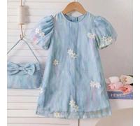 Shein Vestido casual de línea A con cuello redondo, decoración de cremallera invisible, manga abullonada y bordado floral para niñas jóvenes