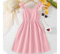 Shein Vestido casual de línea A sin mangas con cuello cuadrado y cintura elástica para niña preadolescente, vestido midi de unicolor, ropa de verano para ni