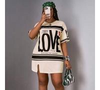 Shein Vestido casual de manga corta con abertura lateral, hombros caídos y color rosa para vacaciones de principios de primavera en tallas grandes