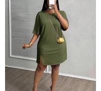 Shein Vestido casual de manga corta con abertura lateral, hombros caídos y color rosa para vacaciones de principios de primavera en tallas grandes
