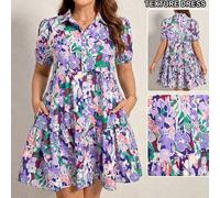 Shein Vestido casual de manga corta con volantes en el bajo, estampado todo sobre, vestidos de verano con textura de flores, vestido camisero de mujer de ma