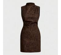 Shein Vestido casual de mujer de unicolor con cuello Mao, sin mangas y con pliegues de piel sintética, elegante para uso diario. Vestido de piel sintética c