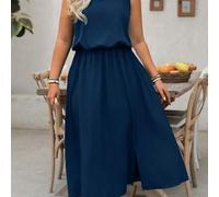 Shein Vestido casual de oficina de unicolor sin mangas talla grande LUNE, con ajuste entallado en la cintura y bajo con abertura, apropiado para mujeres