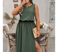 Shein Vestido casual de talla grande LUNE con cuello redondo sin mangas, de color liso, para ir y venir, con cintura marcada y bajo con abertura, apropiado