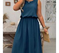 Shein Vestido casual de talla grande LUNE sin mangas de cuello redondo y unicolor, con cintura ceñida, bajo con abertura, adecuado para mujeres