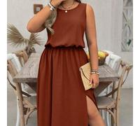 Shein Vestido casual de talla grande LUNE sin mangas de cuello redondo y unicolor, con cintura ceñida, bajo con abertura, adecuado para mujeres