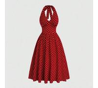 Shein Vestido casual de vacaciones con escote en V y hombros descubiertos, con lazo, estilo vintage francés, lunares, cintura ceñida, cómodo y elegante