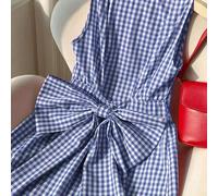 Shein Vestido casual de vacaciones de línea A con lazo y espalda descubierta a cuadros azul y blanco, última ropa de mujer linda de talla grande