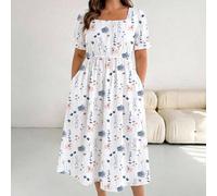 Shein Vestido casual de vacaciones romántico con estampado floral de talla grande para mujer de manga corta adecuado para primavera y verano vestido blanco