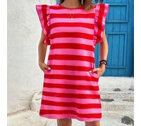 Shein Vestido casual de verano con cuello redondo, bloque de color, rayas y mangas con volantes en color rosa palo